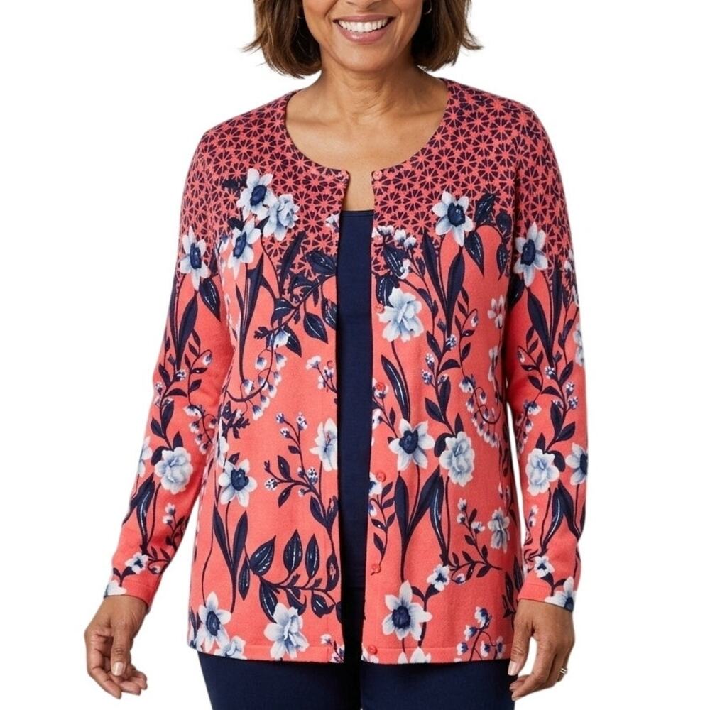 ISAAC MIZRAHI Geometric Floral Printed Cardigan Cotton Blend Large Coral Blue